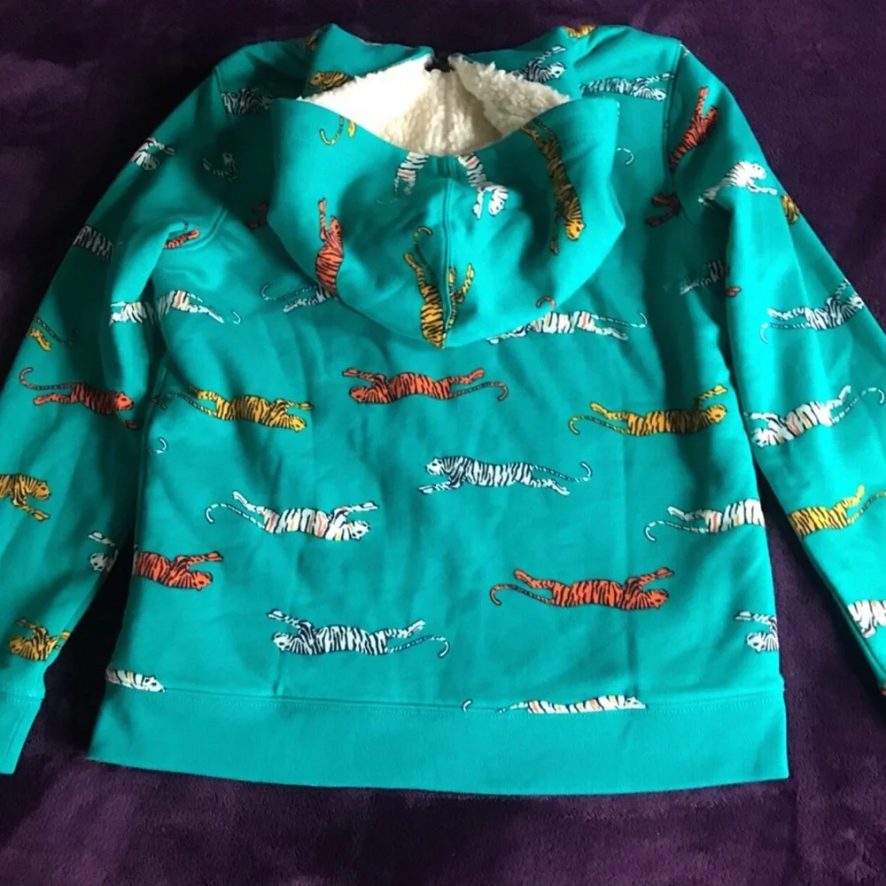 Lands End NWOT Kids Teal Tiger-Print Zip Hoodie Size 10/12